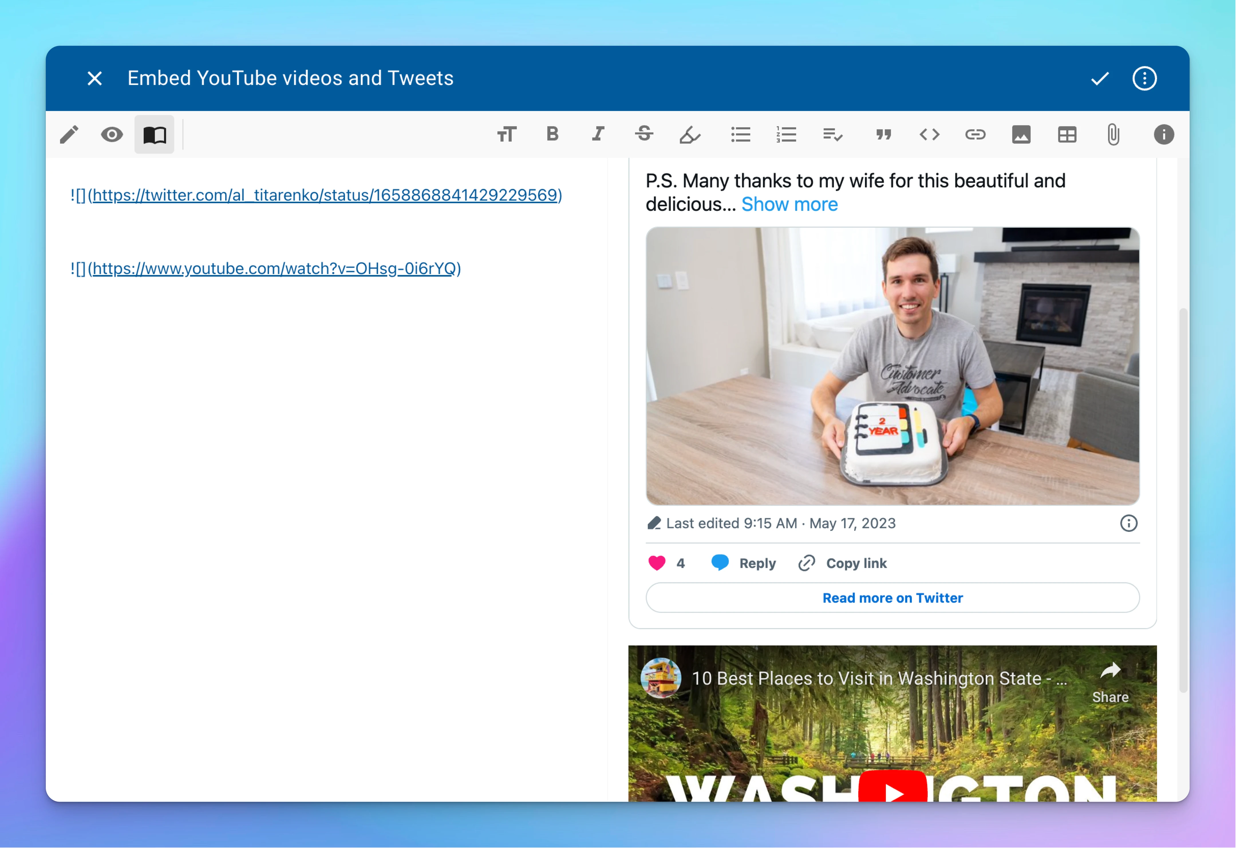 Embed YouTube vidoes and tweets